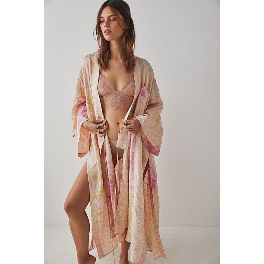 Free People Tie-Dye Long Kimono Robe in Blush, Peach & Yellow